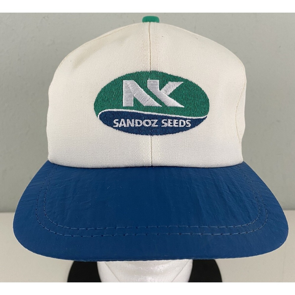 Vintage K-Products NK Sandoz Seeds Trucker Hat White Blue Snapback USA Made
